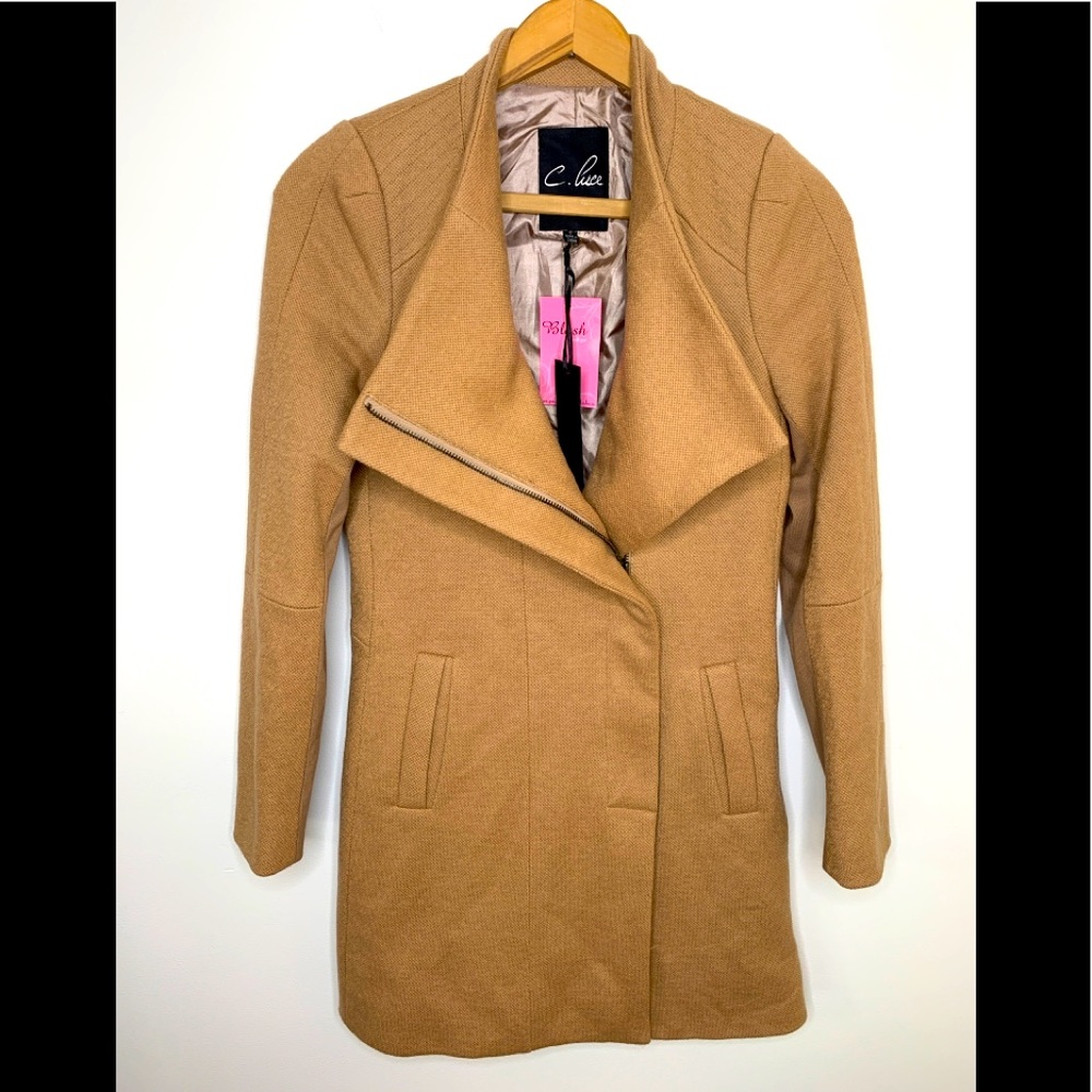 C Luce Beige 50% Wool Coat Tweed Classy Womens Sz Small New Full Zip Camel Color